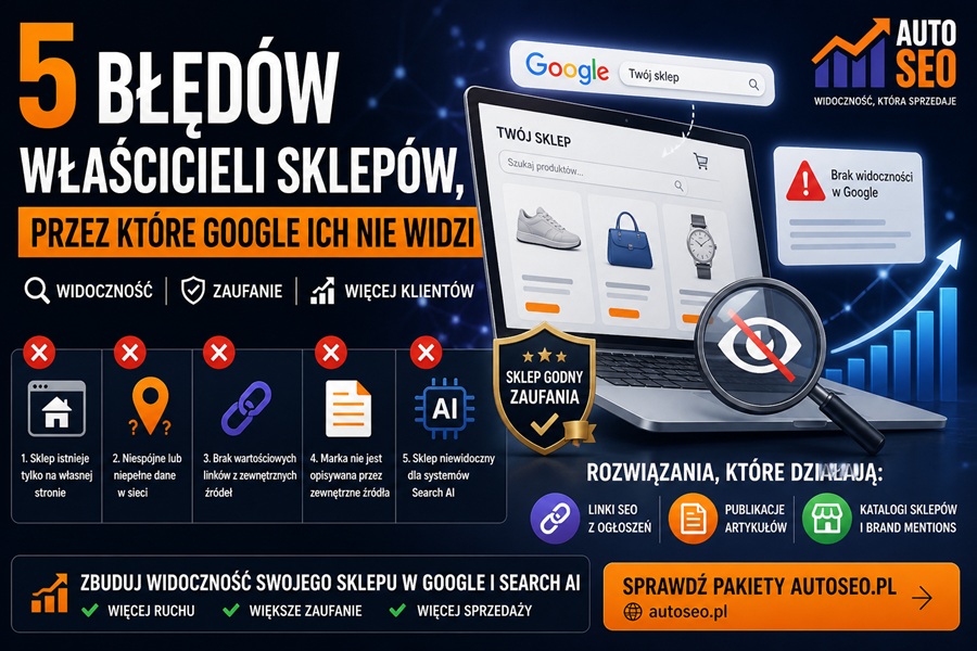 5 błędów właścicieli sklepów przez które Google ich nie widzi — widoczność sklepu w Google i Search AI, AutoSEO pakiety
