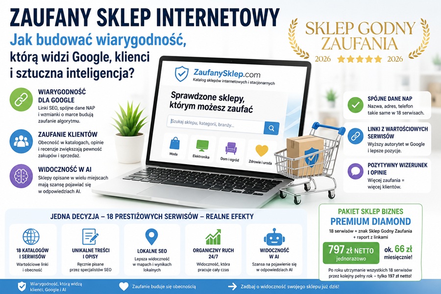 Zaufany sklep internetowy — jak budować wiarygodność, którą widzi Google, klienci i sztuczna inteligencja. Infografika AutoSEO.pl