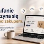 Laptop z otwartym sklepem internetowym oraz symbolem bezpieczeństwa i zaufania. Grafika przedstawia budowanie zaufania klientów do sklepu online przed dokonaniem zakupu.