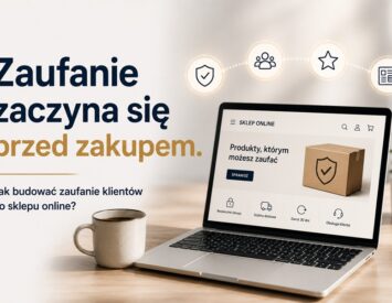 Laptop z otwartym sklepem internetowym oraz symbolem bezpieczeństwa i zaufania. Grafika przedstawia budowanie zaufania klientów do sklepu online przed dokonaniem zakupu.