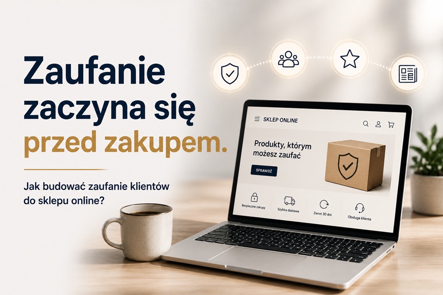 Zaufanie zaczyna się przed zakupem. Klienci chętniej wybierają sklepy, które są widoczne, rozpoznawalne i budzą poczucie bezpieczeństwa. Laptop z otwartym sklepem internetowym oraz symbolem bezpieczeństwa i zaufania. Grafika przedstawia budowanie zaufania klientów do sklepu online przed dokonaniem zakupu.